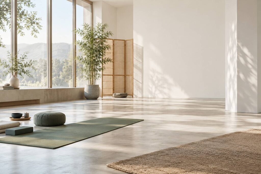 Salle de pratique calme avec tapis, paravent et bambou en lumiere douce
