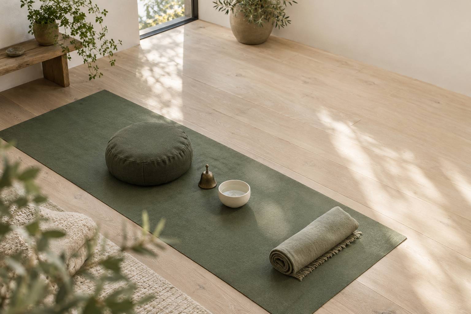 Tapis de pratique avec coussin de meditation, cloche et bol d'eau