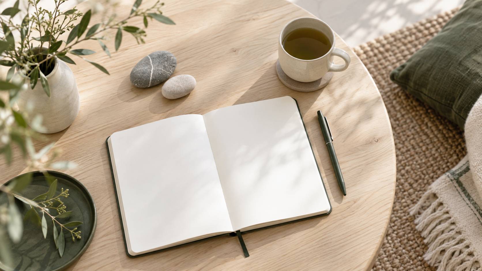 Carnet ouvert et galets sur une table basse en bois clair