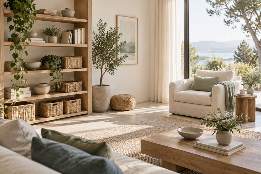 Intérieur ordonné avec étagère en bois, paniers en osier et plante verte