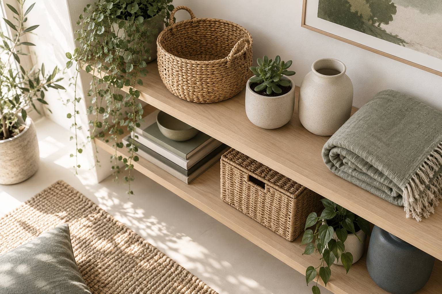 Panier en osier, pots en céramique et plante grasse alignés sur une étagère