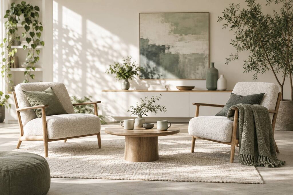 Deux tasses de the et deux fauteuils dans un salon lumineux