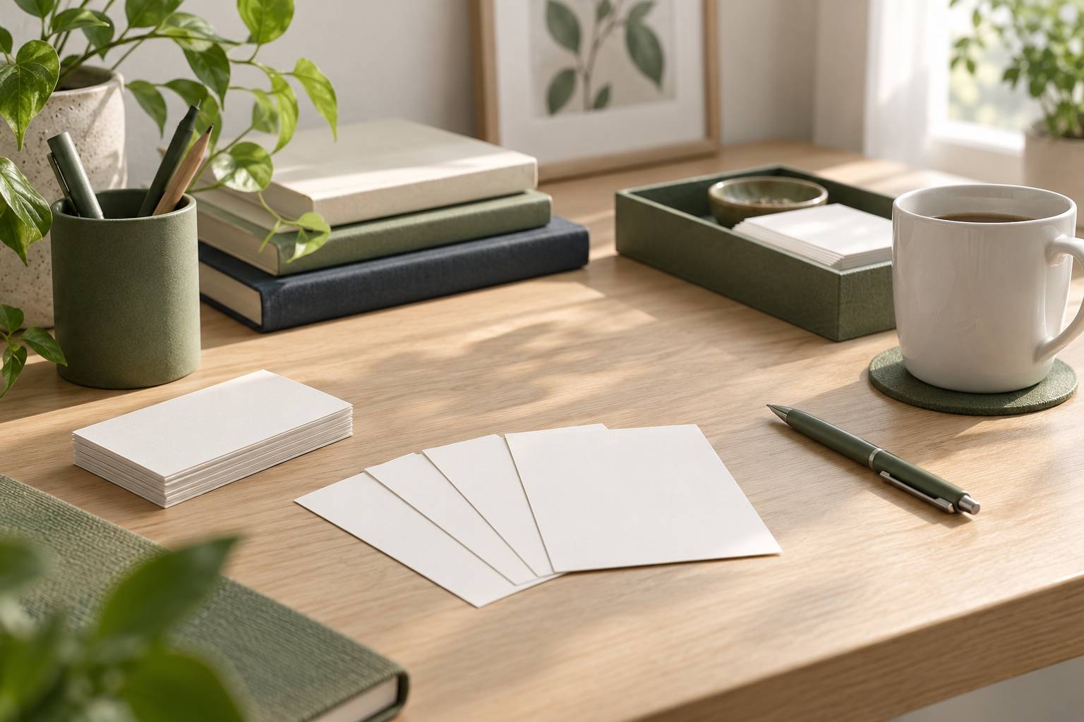 Cartes de réponse neutres et stylo posés sur un bureau clair