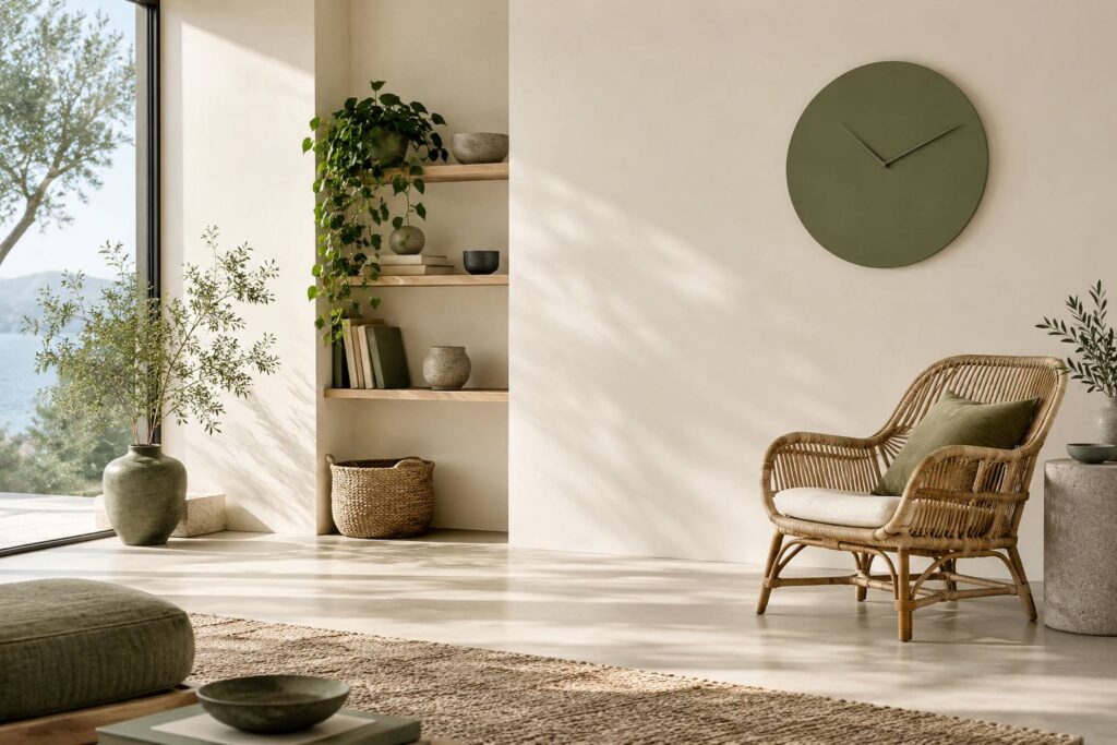 Horloge murale a aiguilles epuree sur un mur clair dans un interieur lumineux