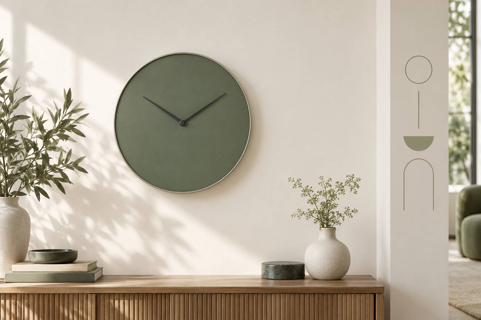 Horloge murale minimaliste aux aiguilles symétriques sur un mur clair
