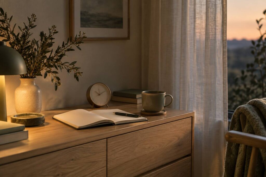 Horloge ronde et carnet ouvert sur une commode en bois, lumiere ambree du soir