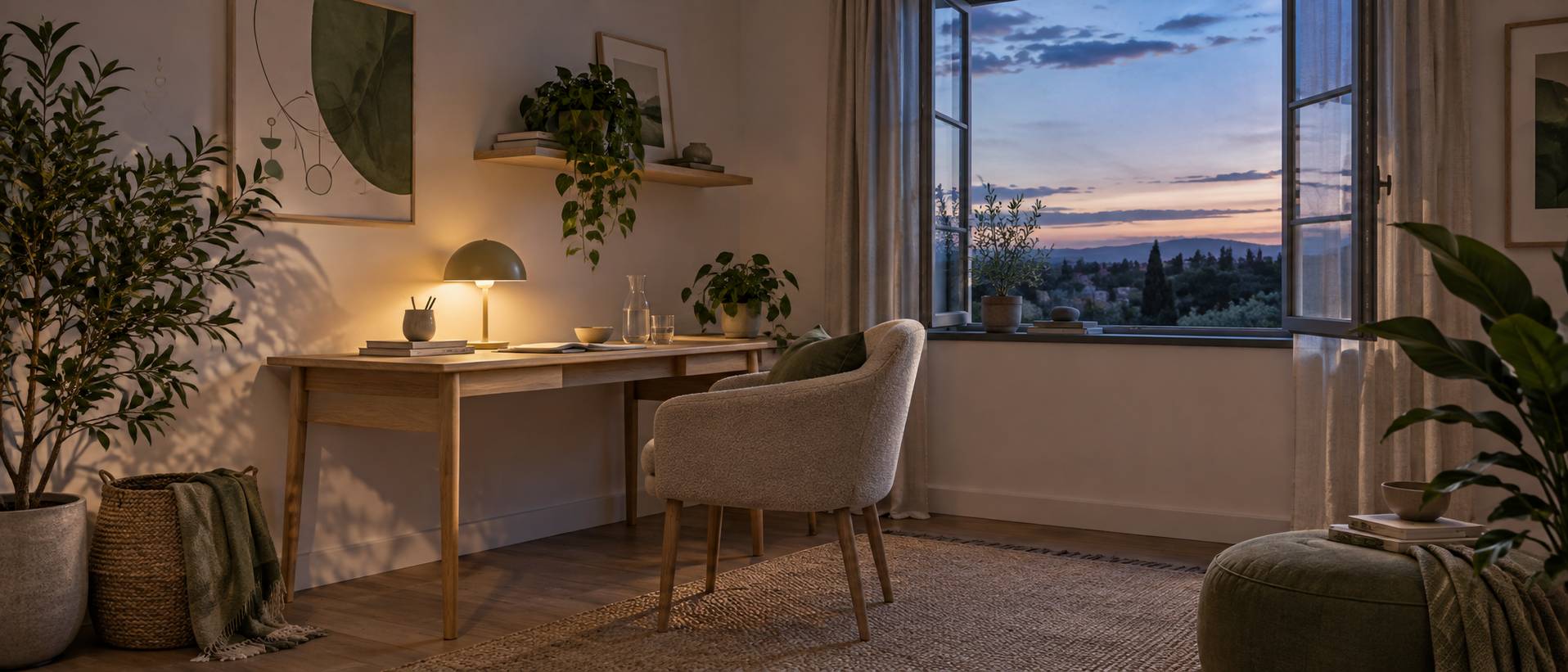 Bureau le soir avec lampe chaude et plante verte pres d'une fenetre