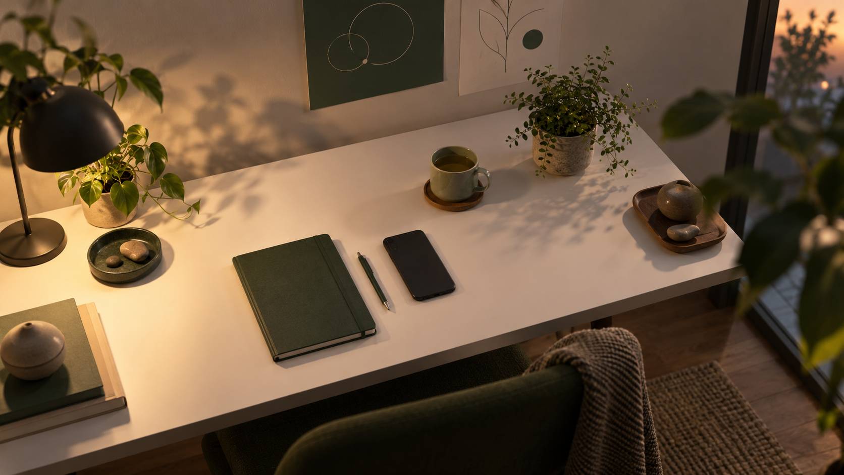 Telephone pose face contre table avec carnet et tisane le soir