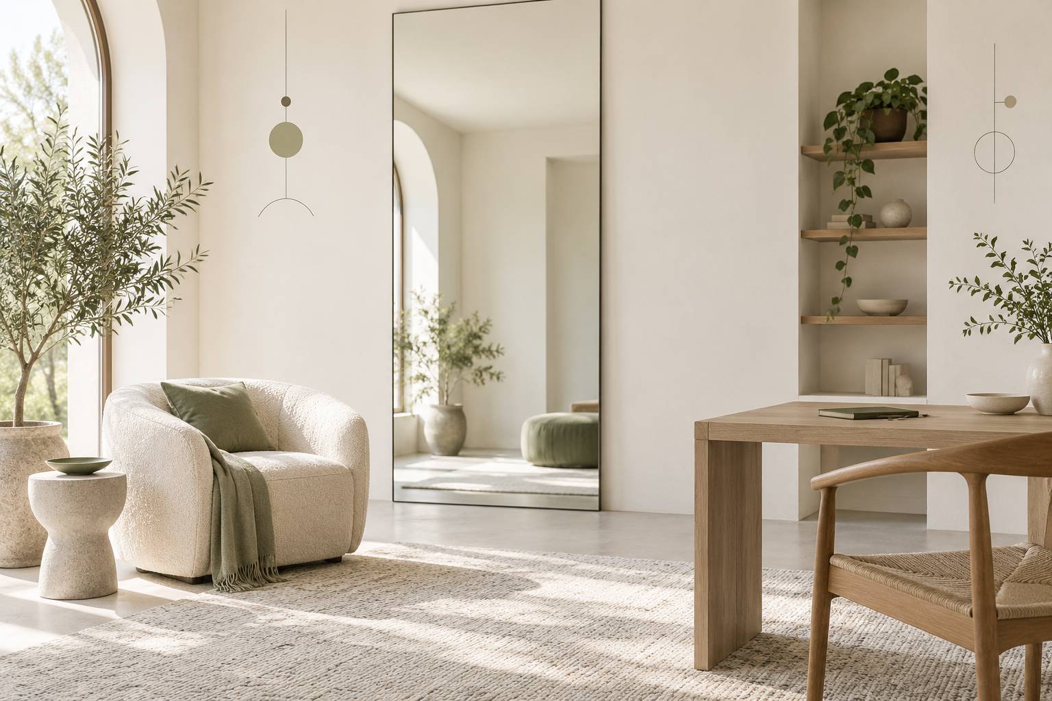 Interieur apaise avec fauteuil, plante et coin bureau discret