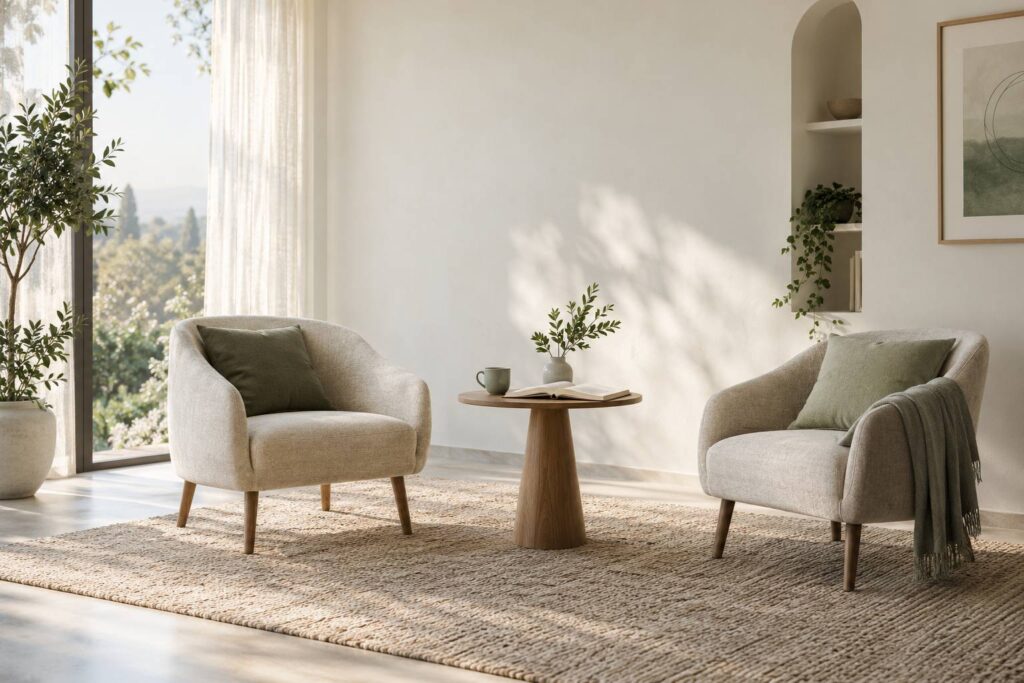 Intérieur apaisant avec deux fauteuils séparés et un carnet ouvert