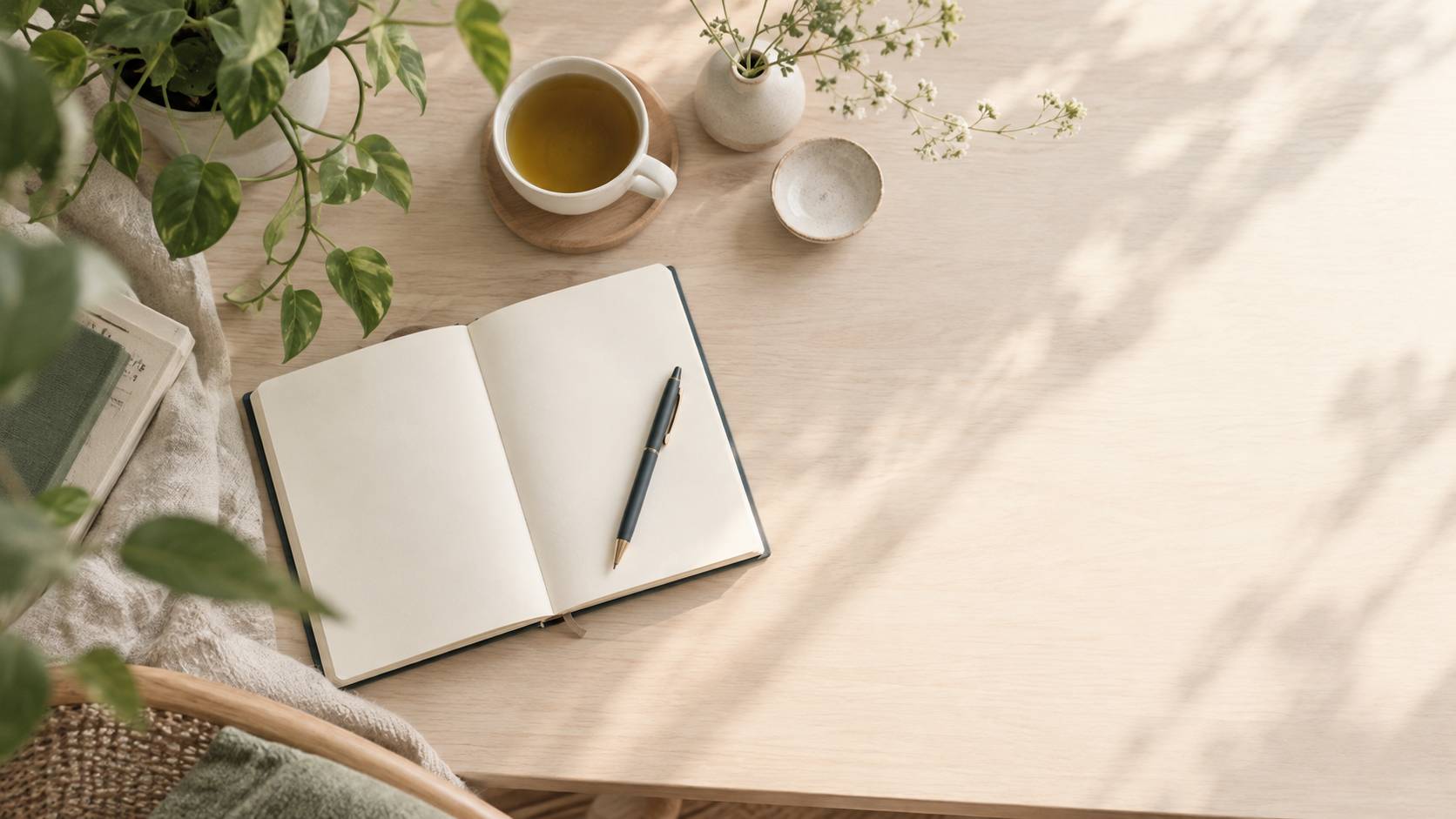 Carnet ouvert et tasse de thé sur une table dans une lumière douce