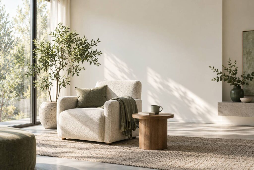 Fauteuil clair et plante verte dans un intérieur baigné de lumière matinale