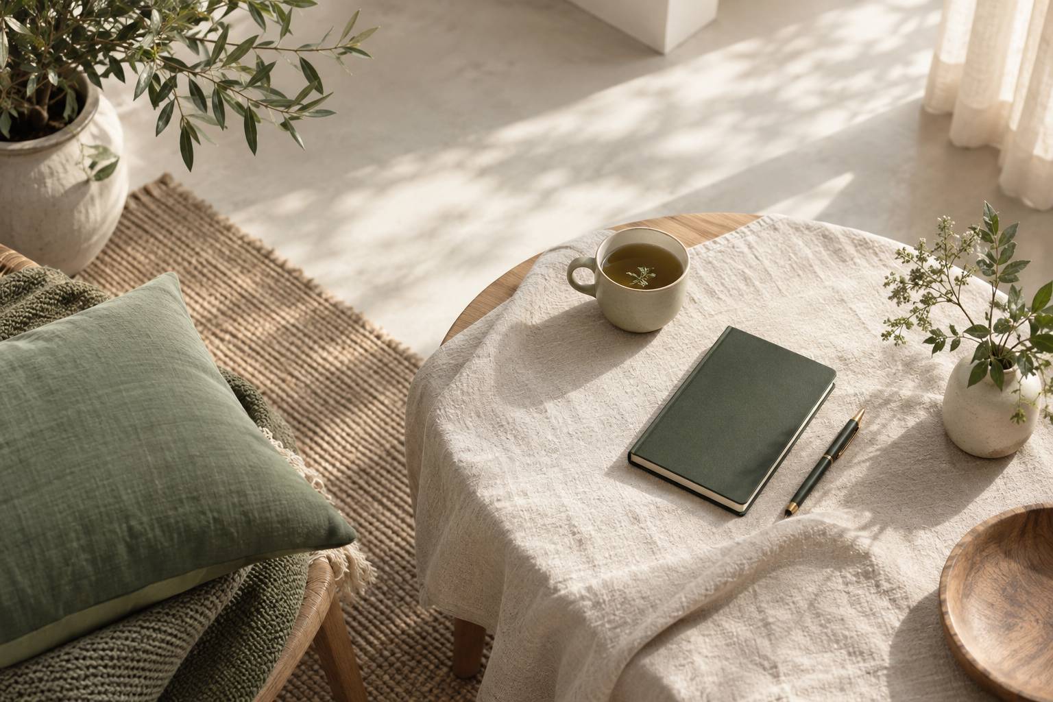 Coussin, tasse de tisane et carnet sur une table basse en bois clair