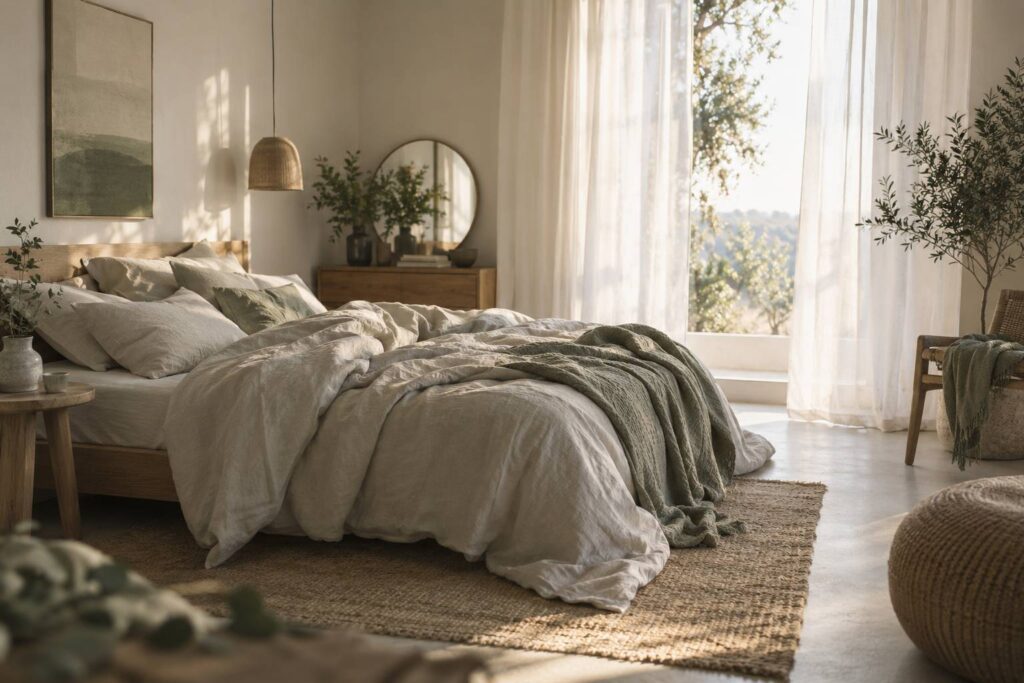Chambre apaisée au petit matin baignée de lumière douce