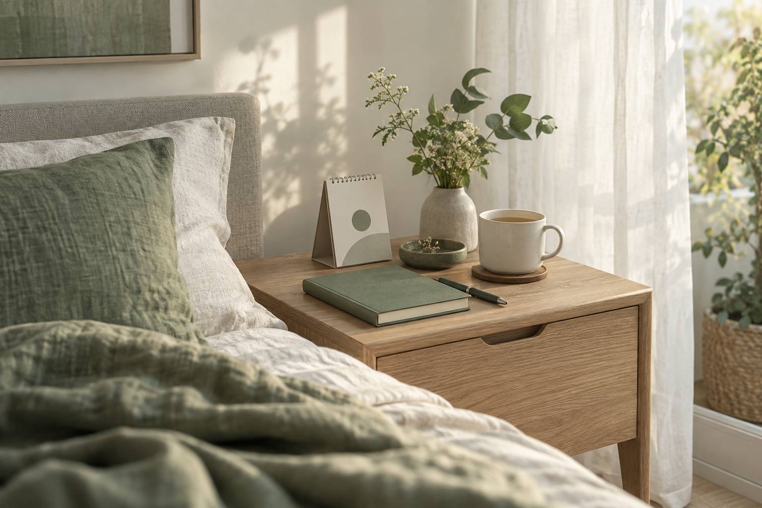 Table de chevet avec carnet et tisane dans une lumière matinale sereine