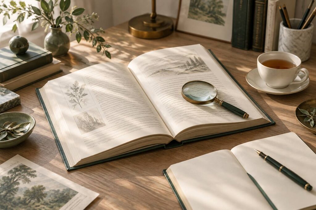 Dictionnaire ouvert et loupe sur une table d'etude lumineuse