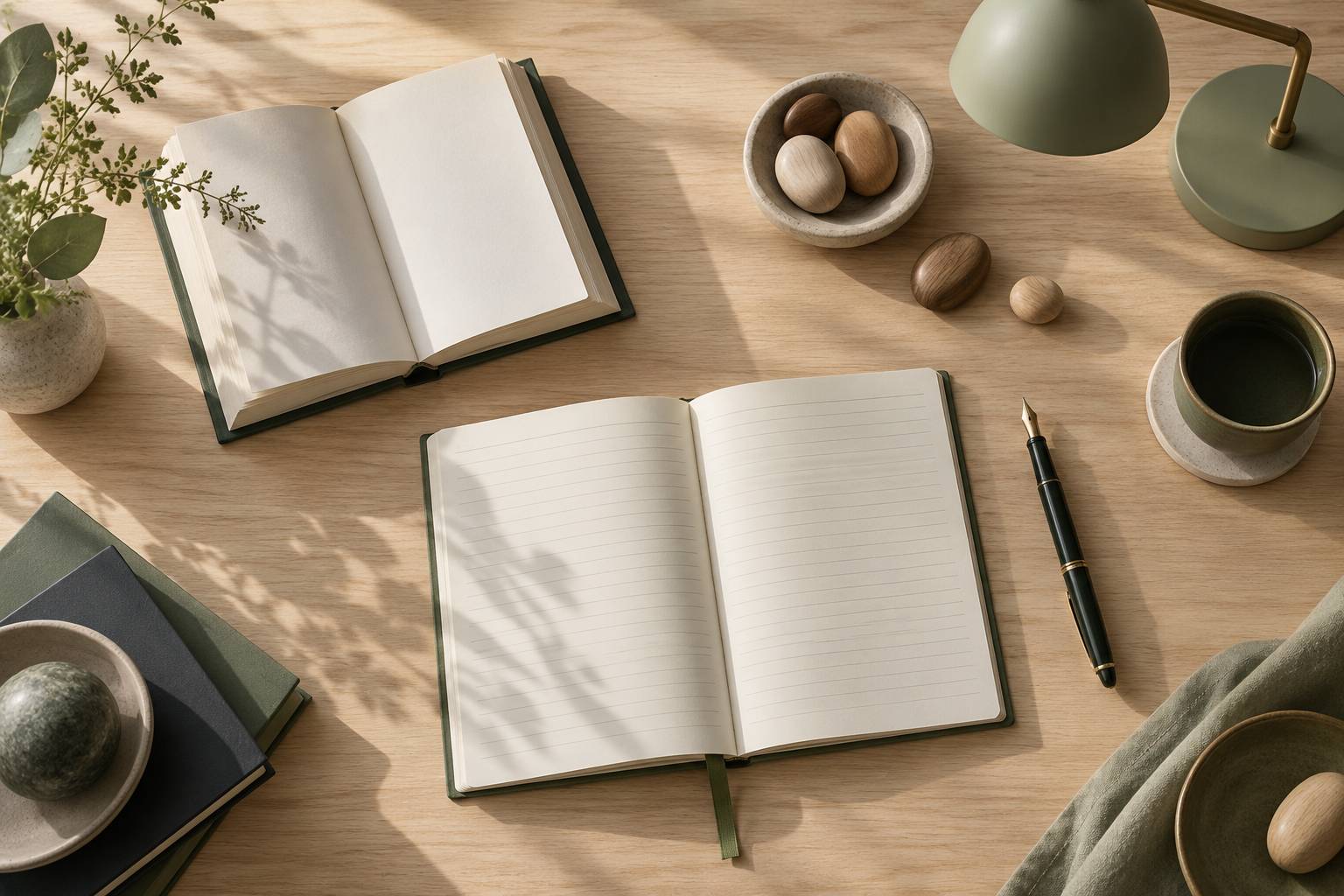 Carnet, plume et petits galets en bois sur un bureau d'etude