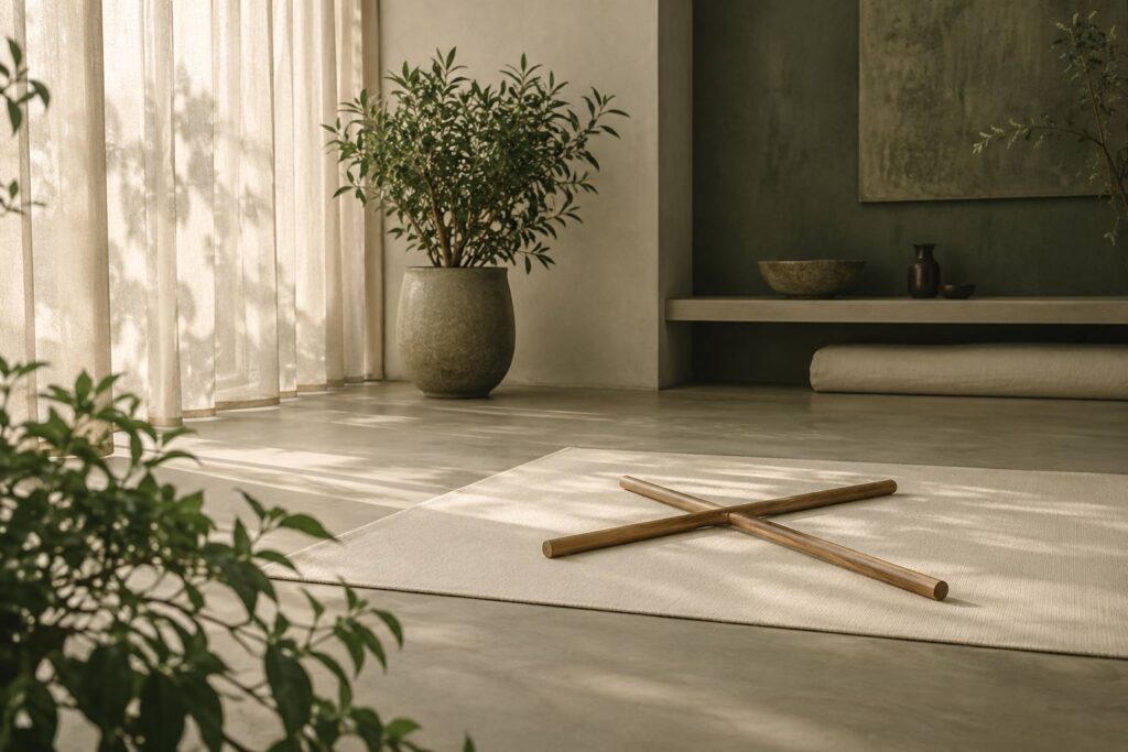 Salle de pratique épurée avec tapis, bâtons de bois et lumière naturelle filtrée