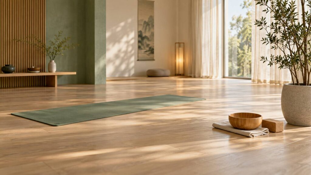 Studio de qi gong apaisé avec tapis déroulé et lumière douce près d'une baie vitrée