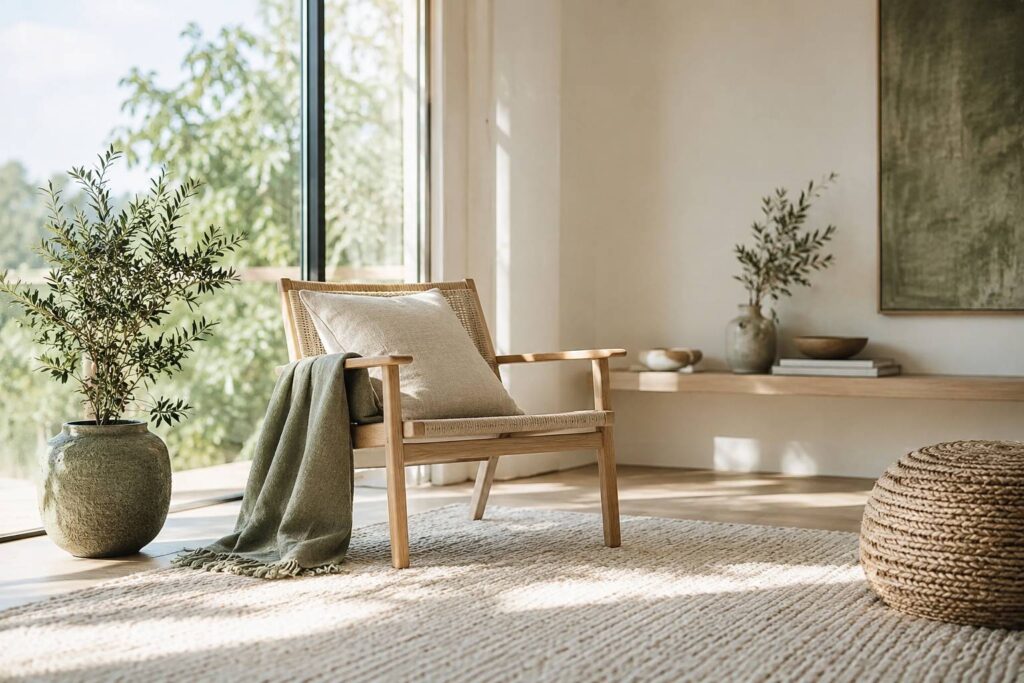 Interieur calme avec chaise en bois pres d'une fenetre et coussin
