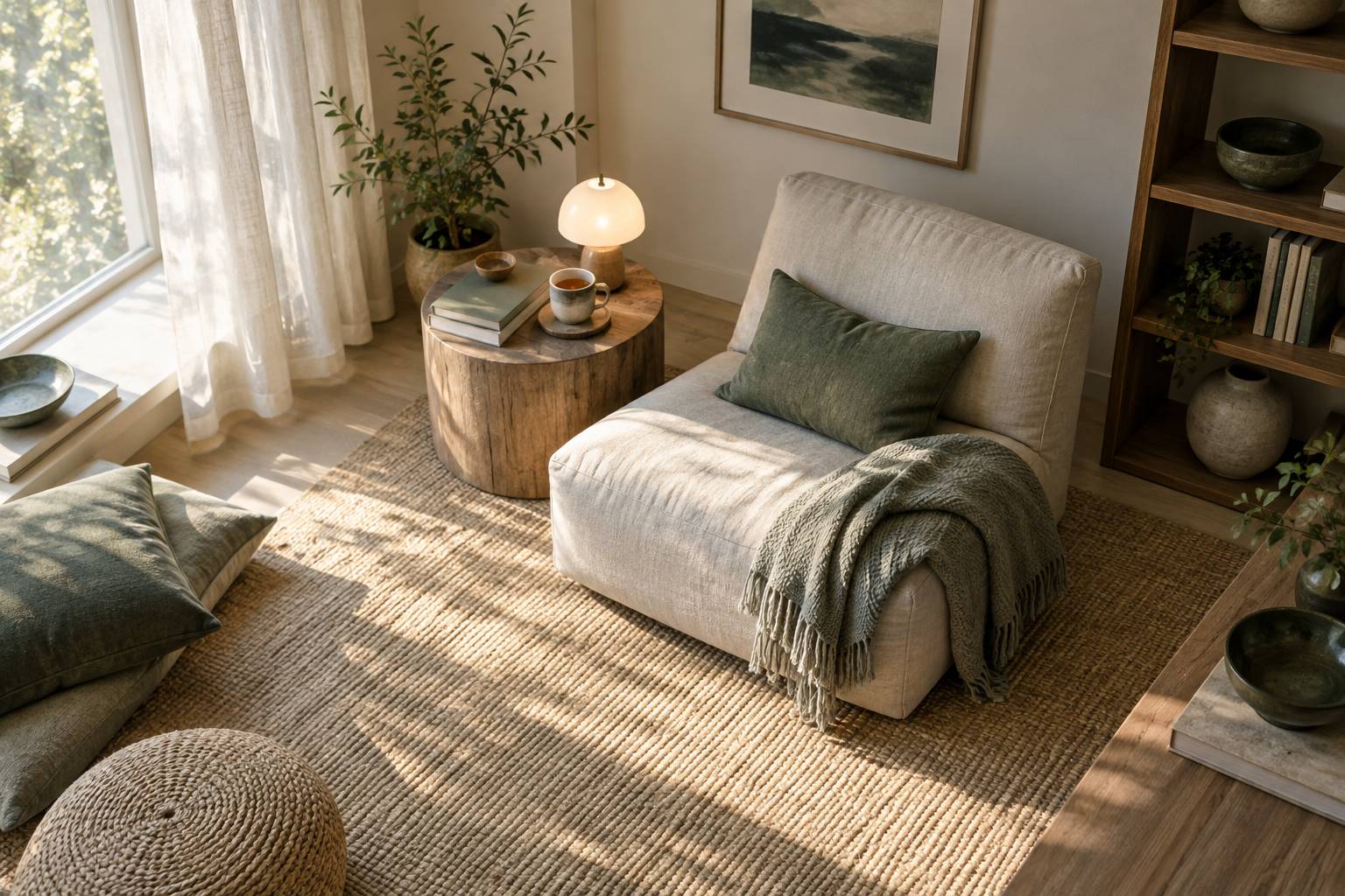 Coin lecture apaisant avec fauteuil, plaid et tasse de the